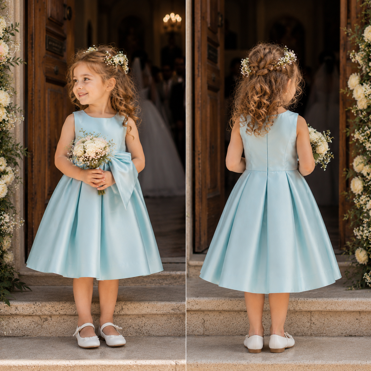 Abito cerimonia bambina con fiocco verde acqua