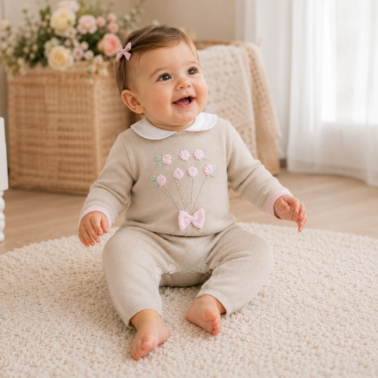 Tutina neonata in filo di cotone tortora con fiorellini rosa pastello