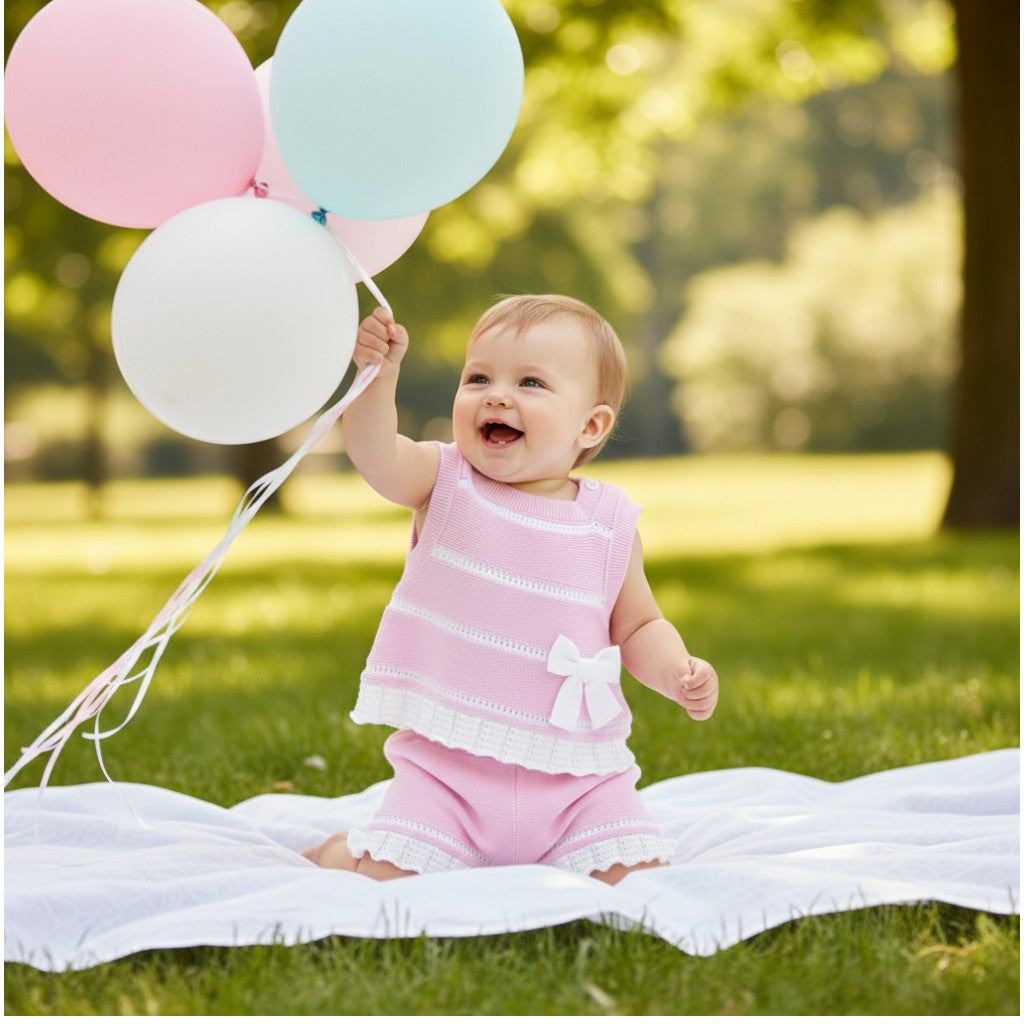 Completo neonata in filo di cotone rosa e bianco – completo in filo di cotone neonata per neonato