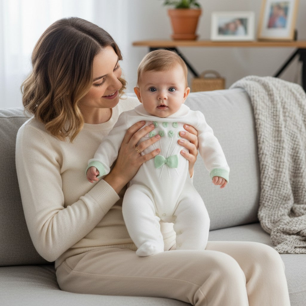 Tutina neonata in filo di cotone panna con fiorellini verdi – tutina neonata in filo di cotone per neonato
