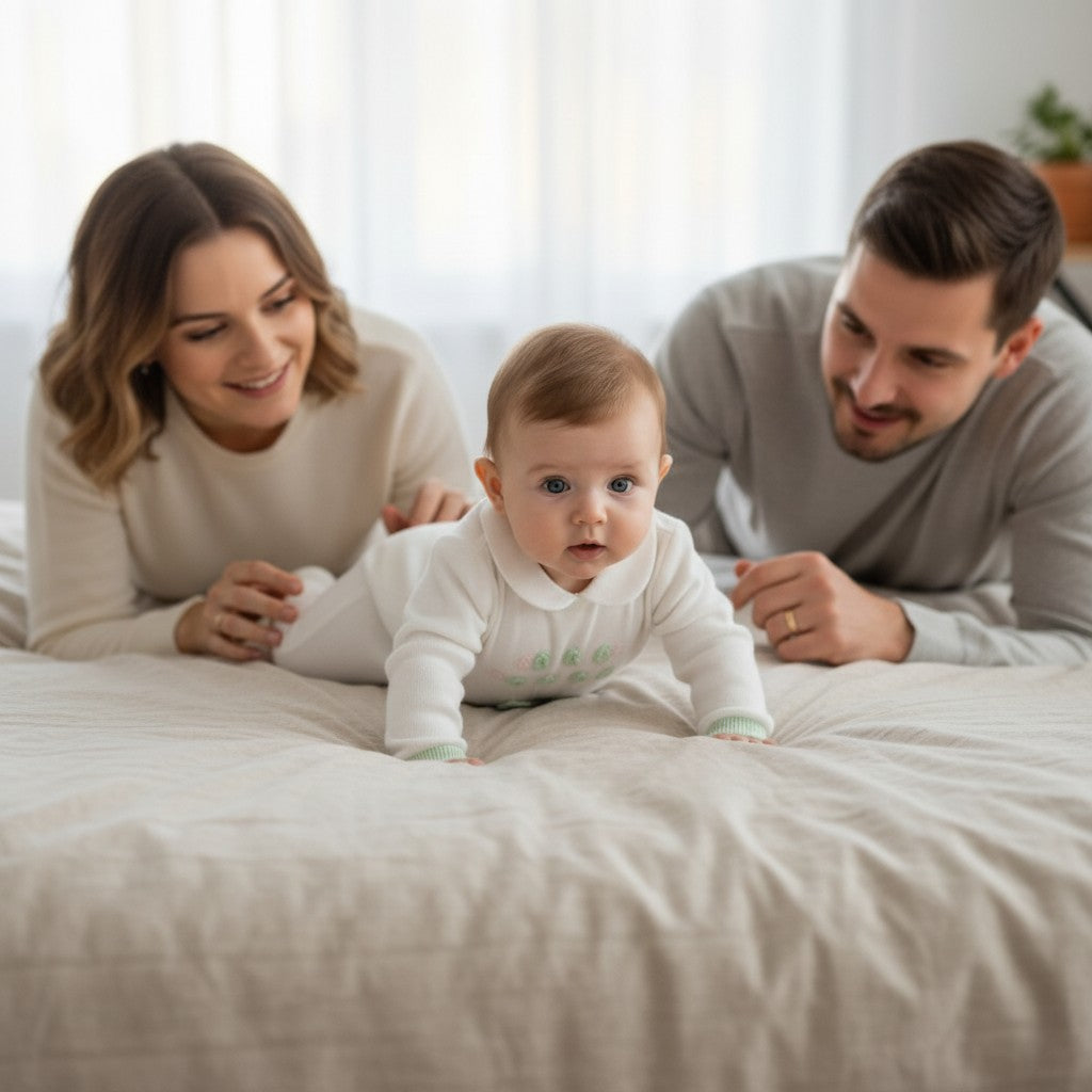 Tutina neonata in filo di cotone panna con fiorellini verdi – tutina neonata in filo di cotone per neonato